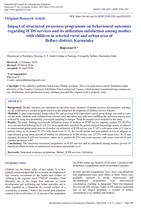 Impact of structured awareness programme on behavioural outcomes  regarding ICDS services and its utilization satisfaction among mother  with children in selected rural and urban area of  Bellary district, Karnataka